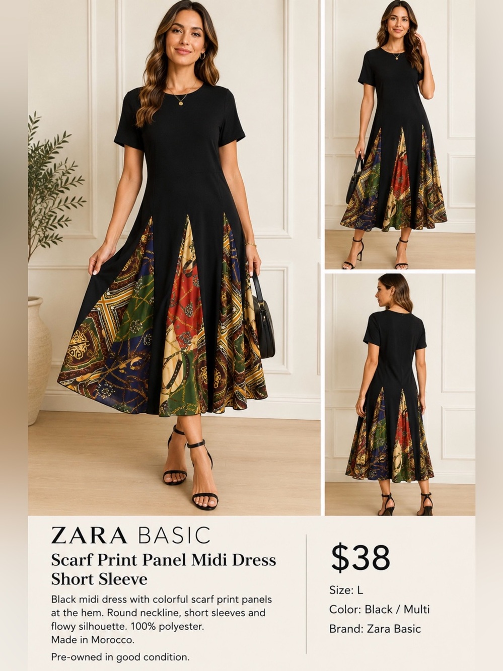 Zara Basic Black Scarf Print Panel Midi Dress Short Sleeve